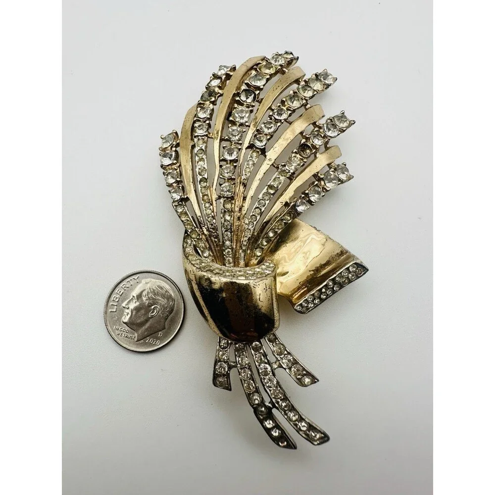Vintage Coro Craft Sterling Brooch Vermeil Rhinestone Flower Bouquet  READ